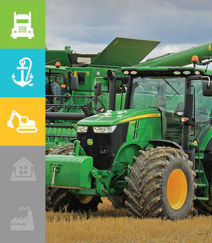 Green tractor and combine harvester in a field, with icons representing various machinery industries on the left.